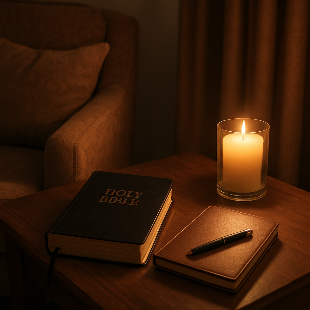 A cozy corner in a living room with a small Bible, a candle, and a journal placed on a wooden table, illustrating a personal spiritual nook. Alt: Spiritual nook for resisting the devil and he will flee meaning