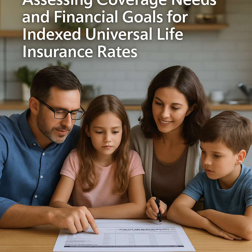 A family gathered around a kitchen table, reviewing a spreadsheet of debts, mortgage balance, and future college costs. Alt: Assessing coverage needs and financial goals for indexed universal life insurance rates