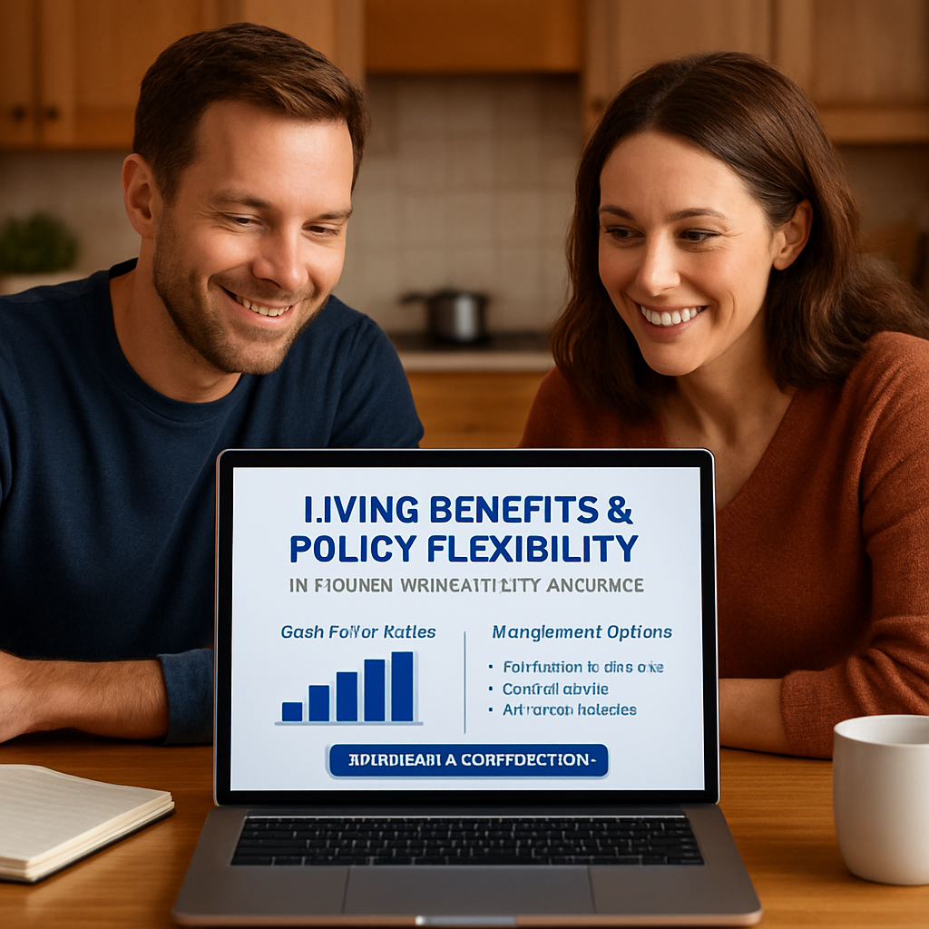 A warm kitchen scene with a couple reviewing an insurance illustration on a laptop, highlighting cash‑value tables and living‑benefit options. Alt: evaluating living benefits and policy flexibility in indexed universal life insurance.