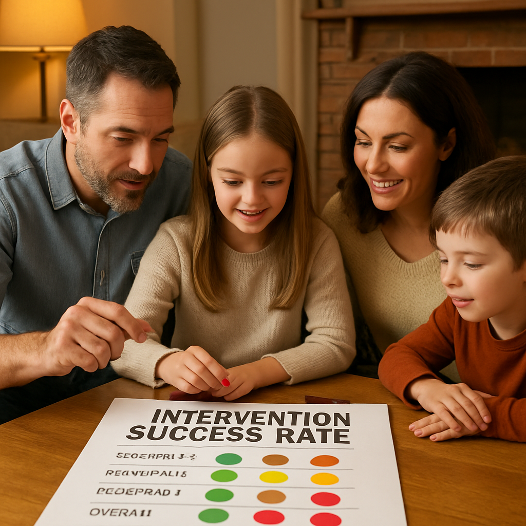 A warm, inviting home setting with a family gathered around a coffee table, reviewing a simple chart with colored stickers representing intervention milestones. Alt: Intervention success rate metrics visual guide for families.