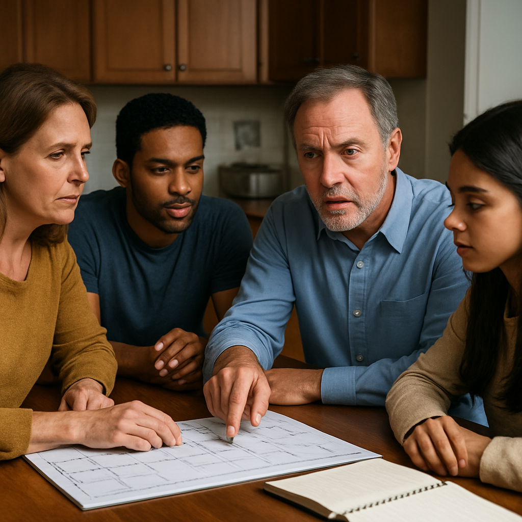A family sitting around a kitchen table with a calendar and notebook, planning an intervention step, showing supportive collaboration. Alt: intervention success rate planning meeting.