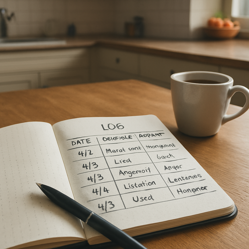 A calm kitchen table with a notebook open, a pen, and a cup of coffee; the notebook shows a simple log of dates, behaviors, and impacts. Alt: Interventionist California – documenting addiction signs at home.