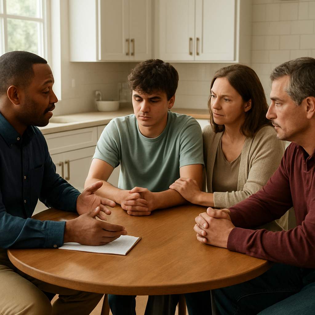 A supportive family sitting around a kitchen table during a calm intervention, with a professional facilitator guiding the conversation. Alt: interventionist california conducting a compassionate family intervention