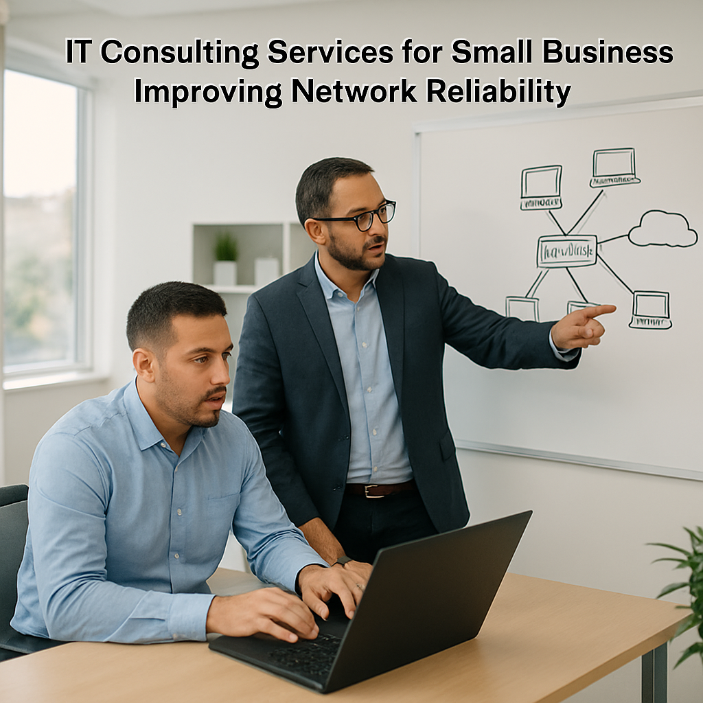 A small business owner reviewing a laptop screen with a consultant pointing at a network diagram on a whiteboard, showing a modern office environment in Salinas, California. Alt: IT consulting services for small business improving network reliability.