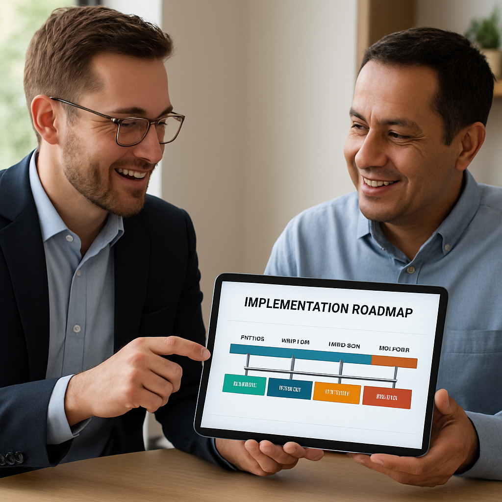 A friendly IT consultant standing beside a small business owner in a Monterey office, pointing at a tablet that shows a phased implementation timeline. Alt: IT consulting implementation roadmap for small business.