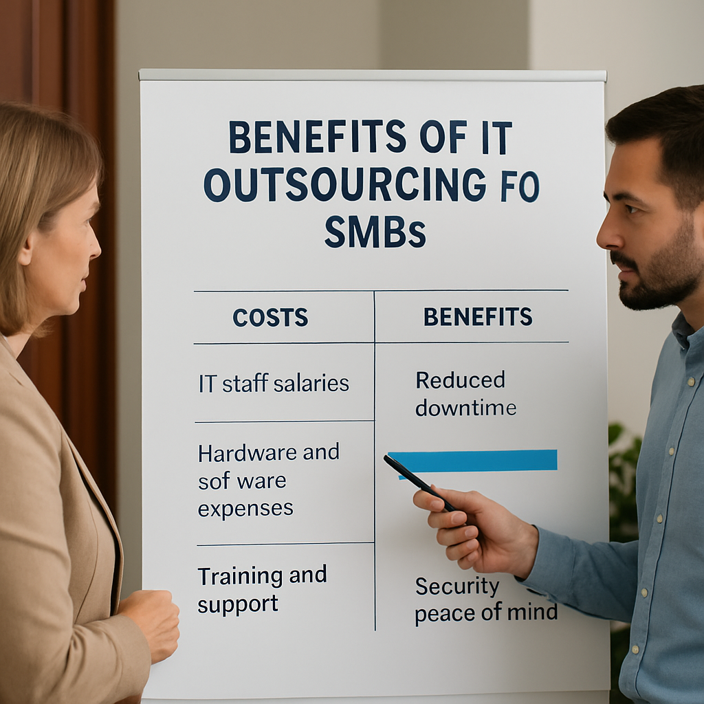 An SMB owner reviewing a cost‑benefit chart with an IT consultant, highlighting reduced downtime and security peace of mind. Alt: Benefits of IT outsourcing for SMBs