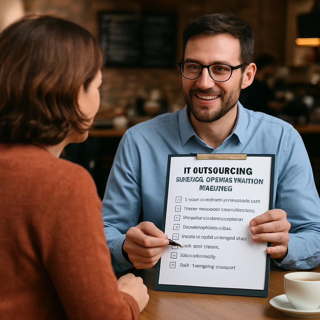 A friendly IT consultant reviewing a transition checklist with a small business owner at a coffee shop. Alt: IT outsourcing services implementation checklist for SMBs.