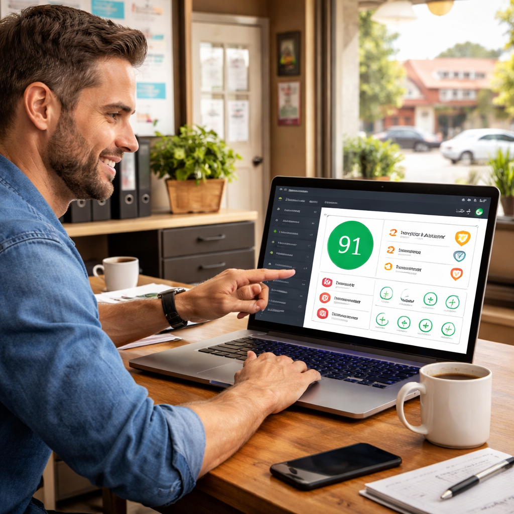Man pointing at laptop screen displaying IT security compliance dashboard with performance metrics, in a modern office setting, illustrating the importance of compliance services for SMBs.