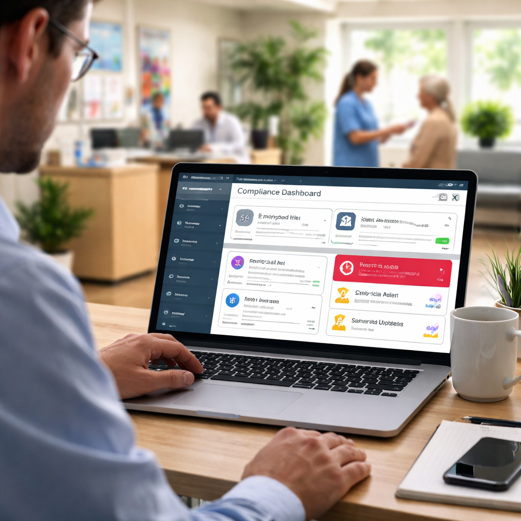 Person using a laptop displaying a compliance dashboard, emphasizing IT security compliance services for SMBs, with healthcare professionals in the background.