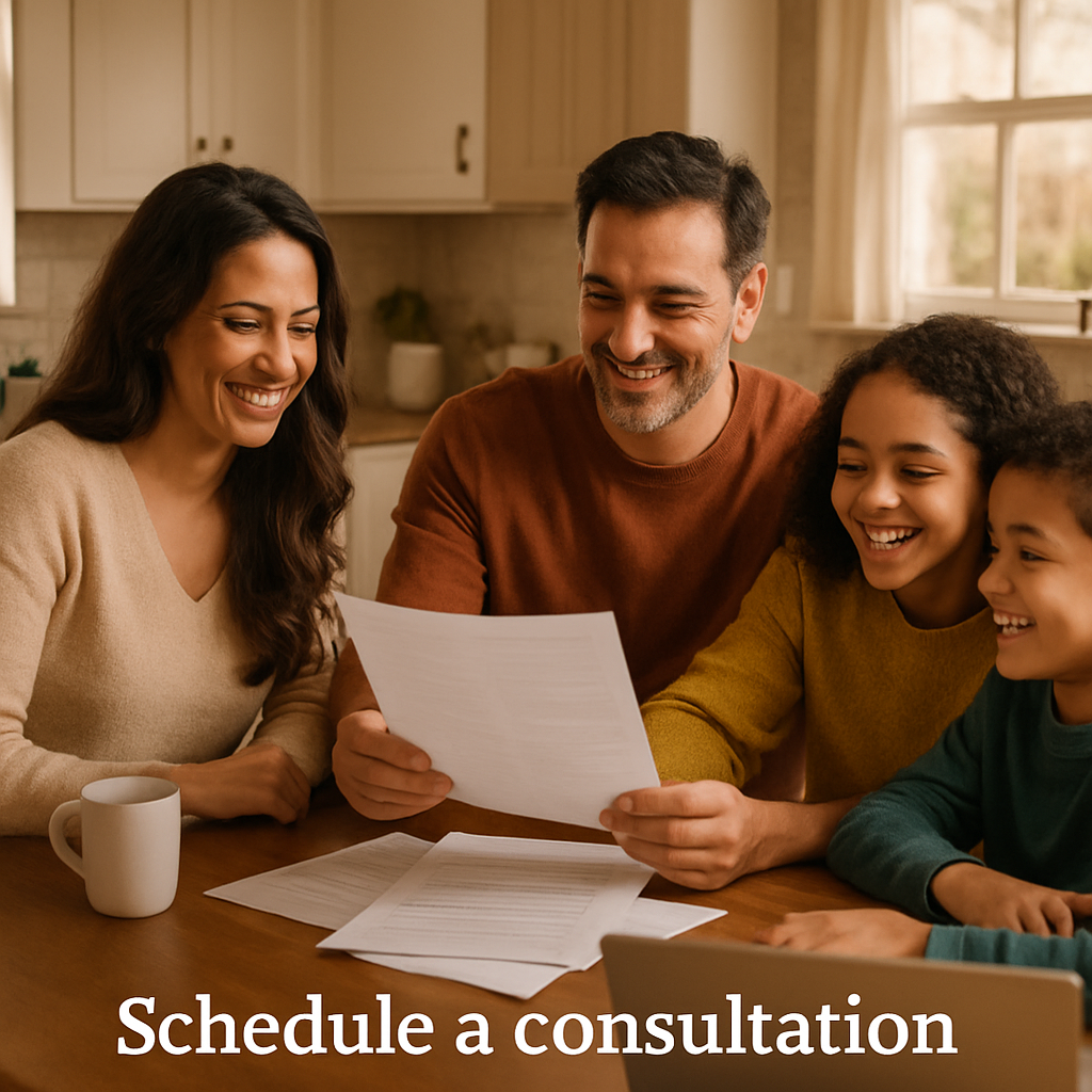 A warm, inviting scene of a family gathered around a kitchen table, reviewing paperwork and smiling as they discuss financial security. Alt: Indexed universal life insurance with living benefits helps families plan for unexpected expenses.