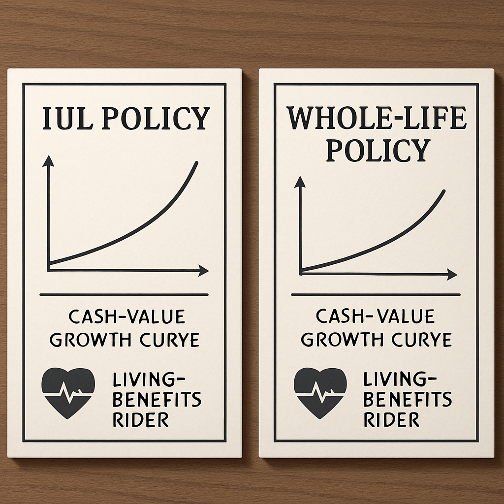 A side‑by‑side illustration of an IUL policy document next to a whole‑life policy, highlighting cash‑value growth curves and living‑benefits rider icons. Alt: IUL vs traditional life insurance key differences visual guide.