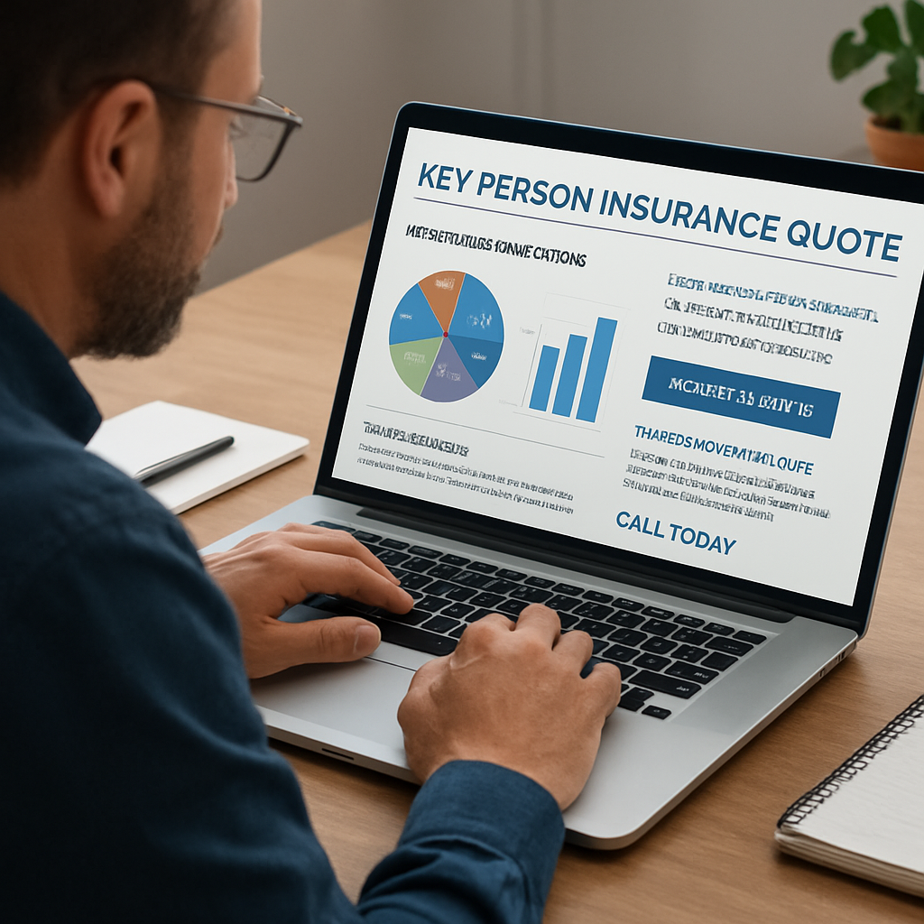 A small‑business owner reviewing a key person insurance quote on a laptop, with charts showing premium breakdowns. Alt: Practical tips to reduce key person insurance premium.