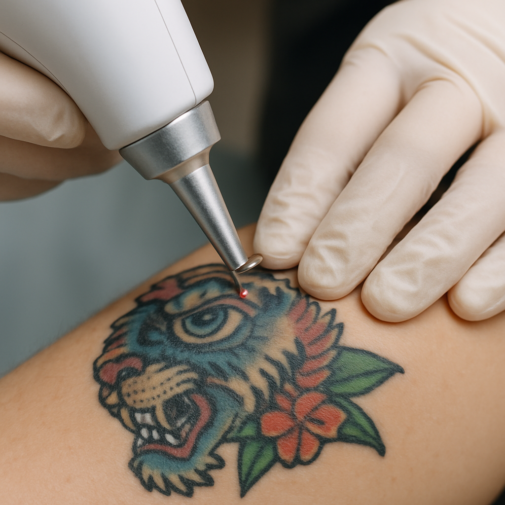 A close-up image of a laser tattoo removal session in progress, showing a handheld laser device targeting a colorful tattoo on skin. Alt: Laser tattoo removal cost depends on factors like tattoo size, color, and skin type, demonstrated by a treatment in action at Simcoe cosmetic clinic.