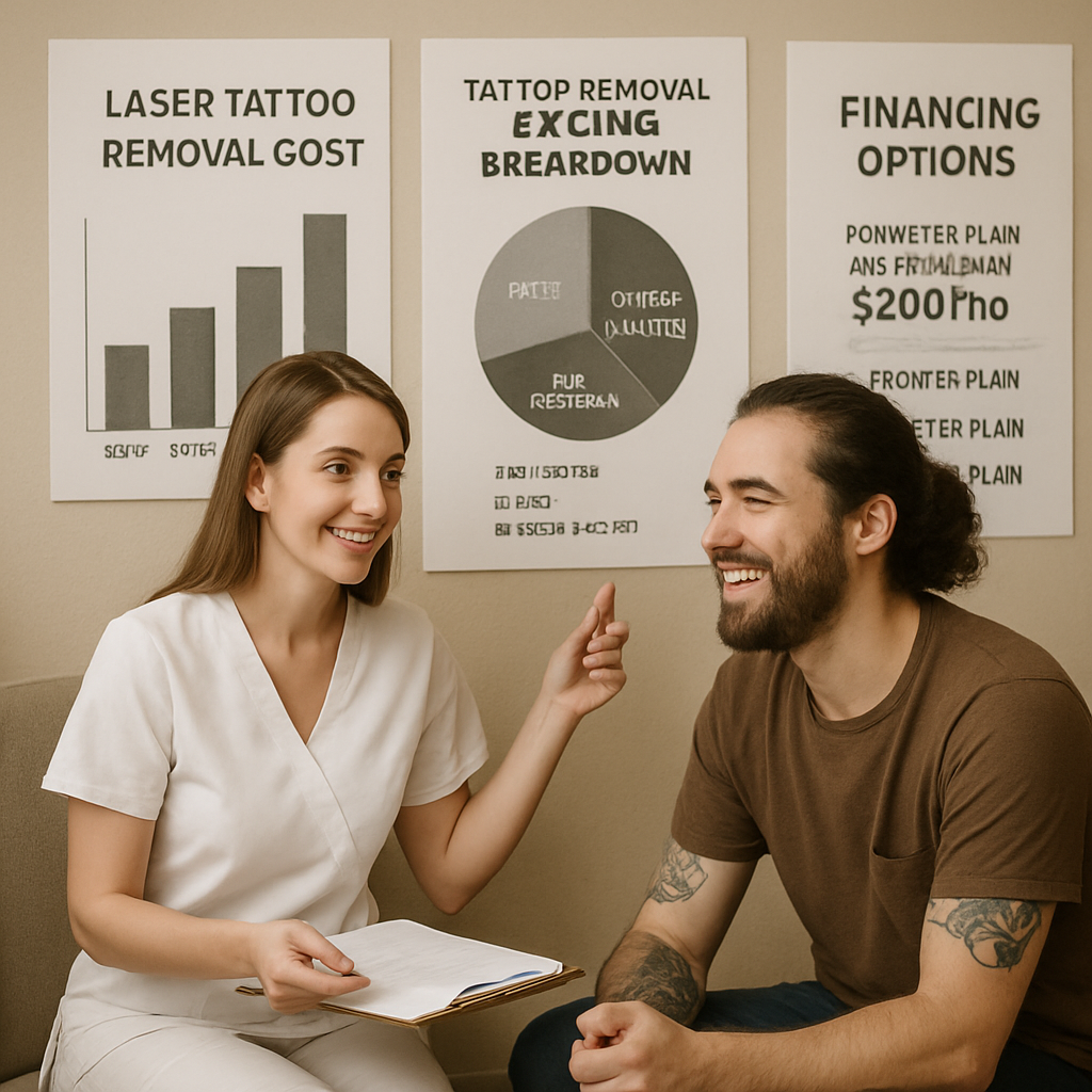 A relaxed person happily consulting with a cosmetic clinic staff member about their laser tattoo removal financing options, surrounded by sample cost breakdown charts. Alt: Laser tattoo removal cost discussion and financing options at a medical spa