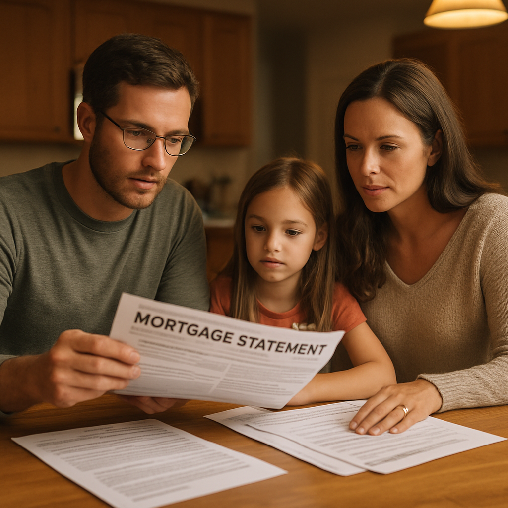 A family sitting at a kitchen table reviewing mortgage statements and insurance paperwork, warm lighting. Alt: mortgage protection with accelerated death benefit
