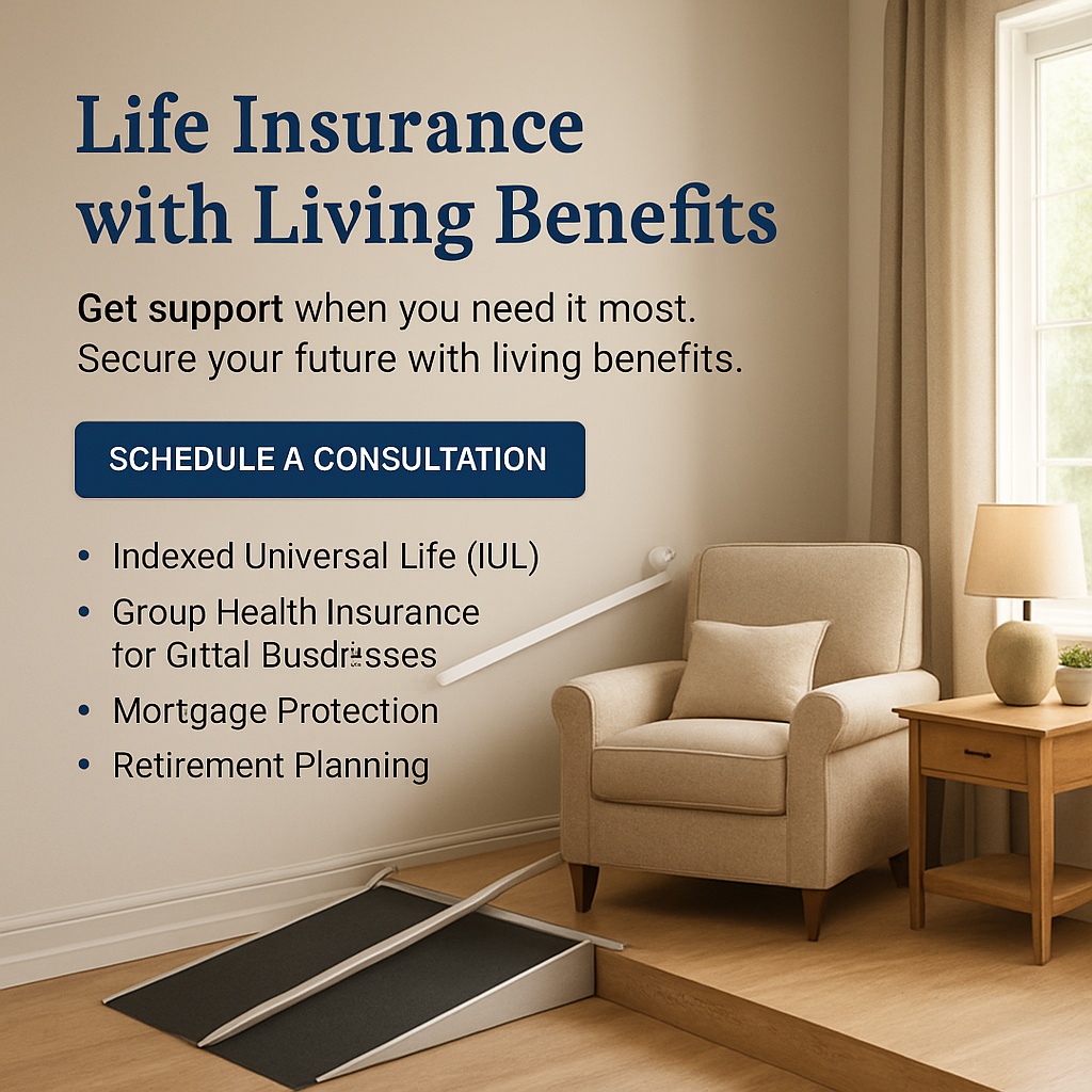 A calm living room with accessibility features like a wheelchair ramp, grab bars, and a cozy armchair. Alt: chronic illness rider benefits home accessibility and financial support.