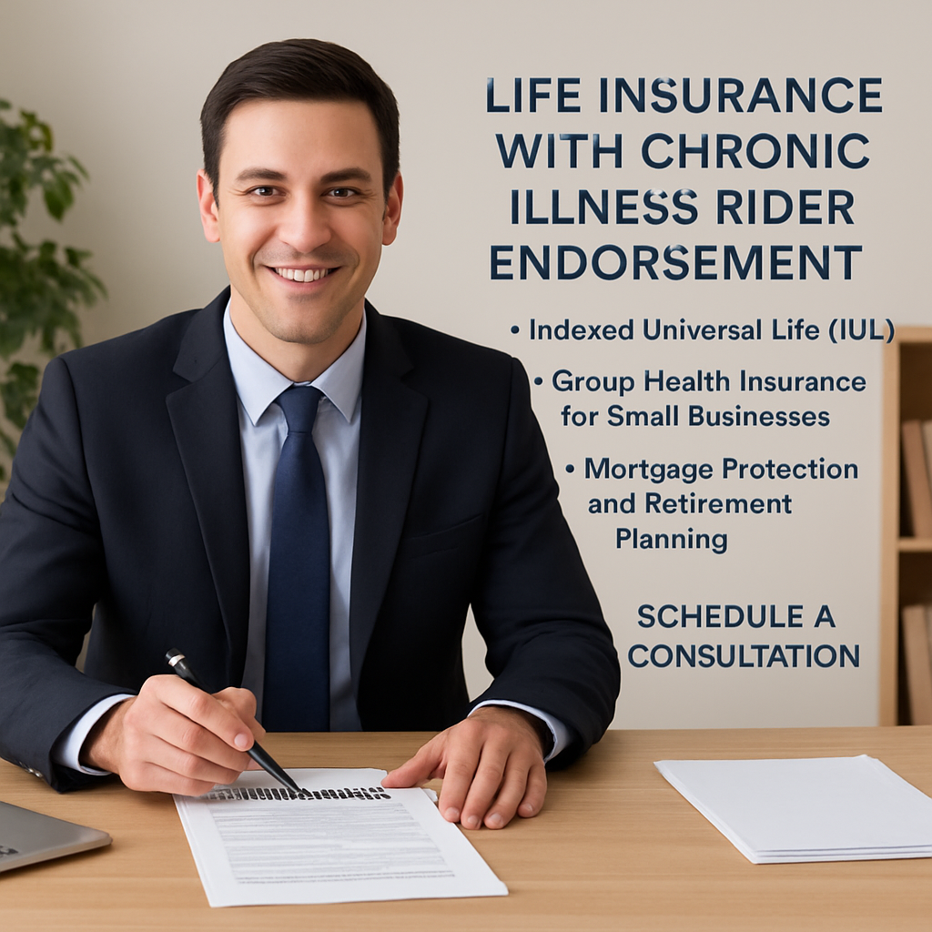 A friendly insurance agent sitting at a desk with a policy document and a highlighted rider endorsement form. Alt: life insurance with chronic illness rider endorsement illustration