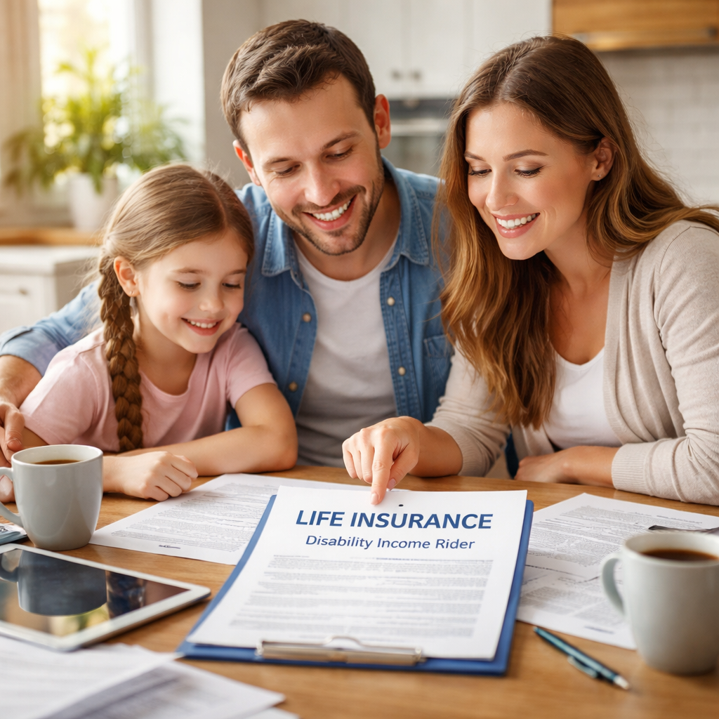 A photorealistic scene showing a family reviewing a life insurance policy with a disability income rider, sitting at a kitchen table, documents spread out, smiling, realistic lighting. Alt: Life insurance with disability income rider illustration.
