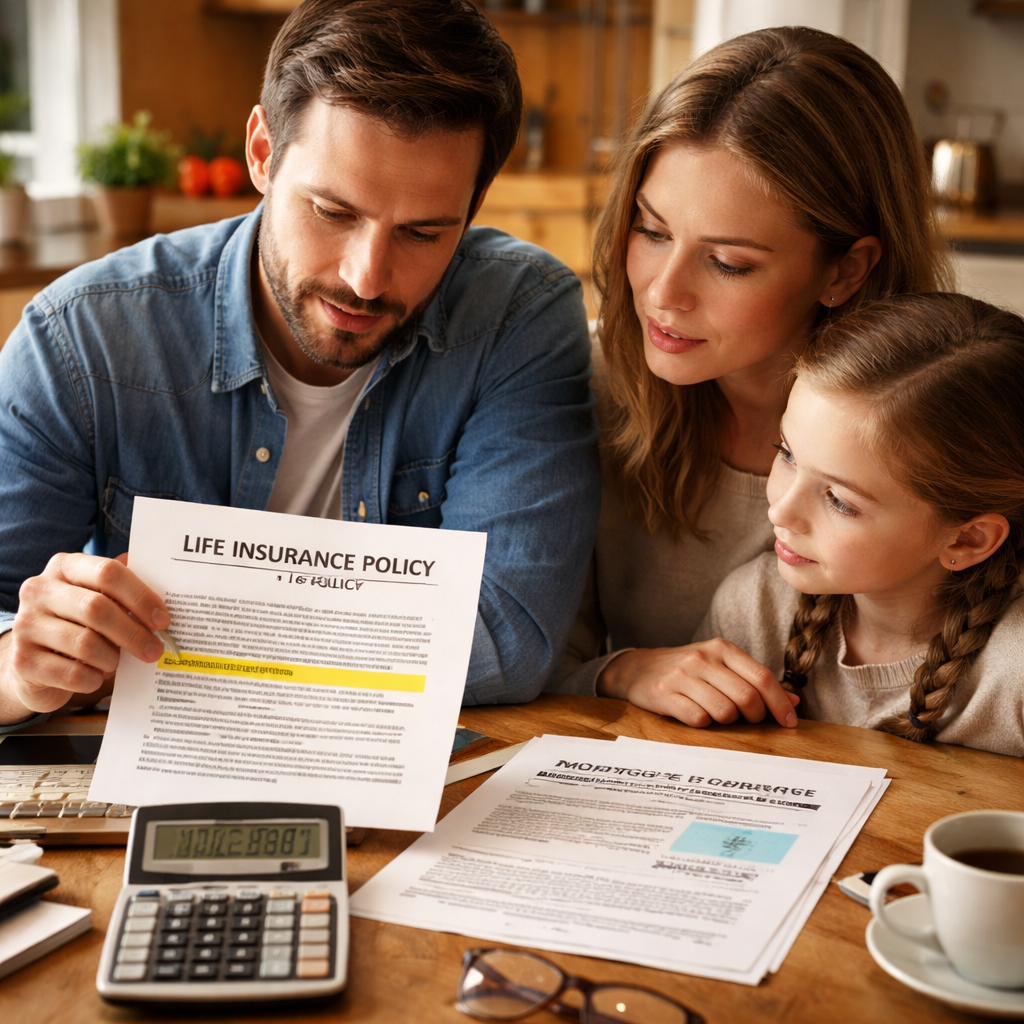 A photorealistic scene of a family sitting at a kitchen table reviewing a life‑insurance policy document with a highlighted disability income rider clause, a calculator showing monthly benefit calculations, and a mortgage statement beside it. Alt: Life insurance with disability income rider factors to consider – realistic, warm lighting.