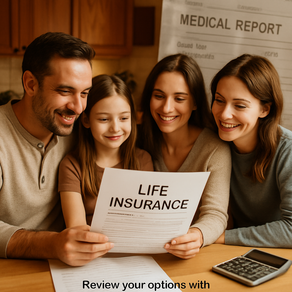 A warm, comforting scene of a family gathered around a kitchen table reviewing insurance documents together, with a subtle overlay of a medical report and a calculator. Alt: family reviewing life insurance with living benefits options together