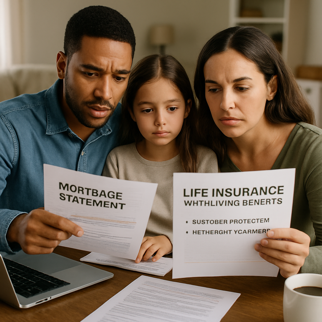 A family reviewing a mortgage statement and life‑insurance documents, with a laptop and coffee on the table. Alt: life insurance with living benefits supporting mortgage protection and retirement planning.