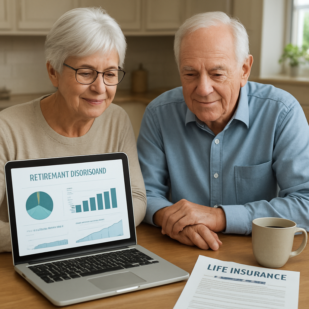 A photorealistic scene of a senior couple at a kitchen table, reviewing a retirement dashboard on a laptop while a life‑insurance policy document with a living‑benefits rider highlighted lies beside a coffee mug. Soft natural lighting, realistic textures, and a calm, confident atmosphere. Alt: Realistic image illustrating life insurance with living benefits cost and retirement planning strategies.