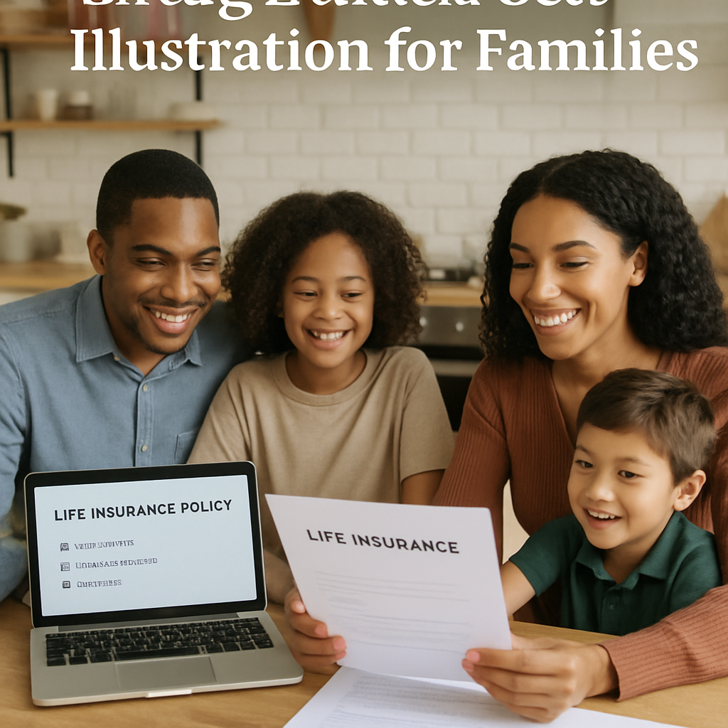 A family sitting at a kitchen table reviewing life‑insurance paperwork together, smiling, with a laptop displaying policy options. Alt: life insurance with living benefits cost illustration for families