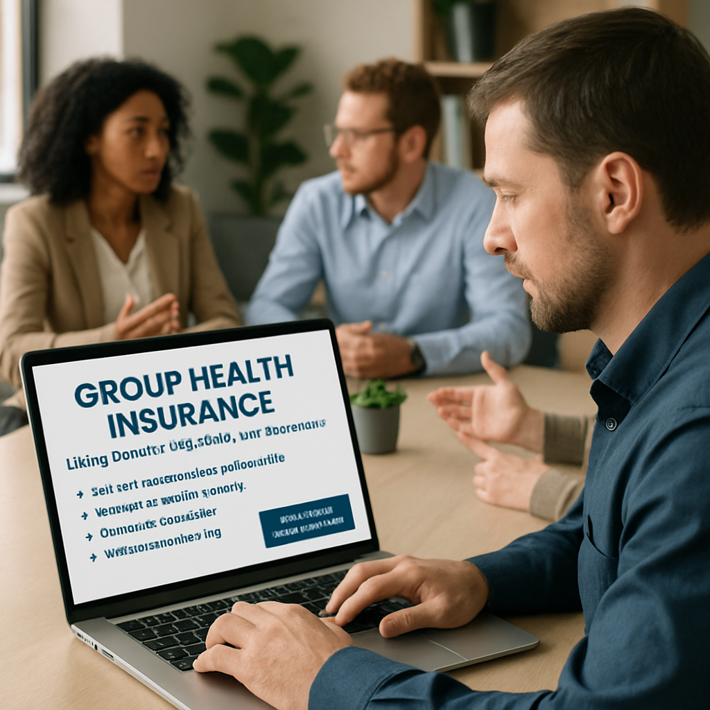 A small business owner reviewing group health insurance options on a laptop, employees discussing benefits in the background. Alt: group health insurance living benefits cost for small businesses