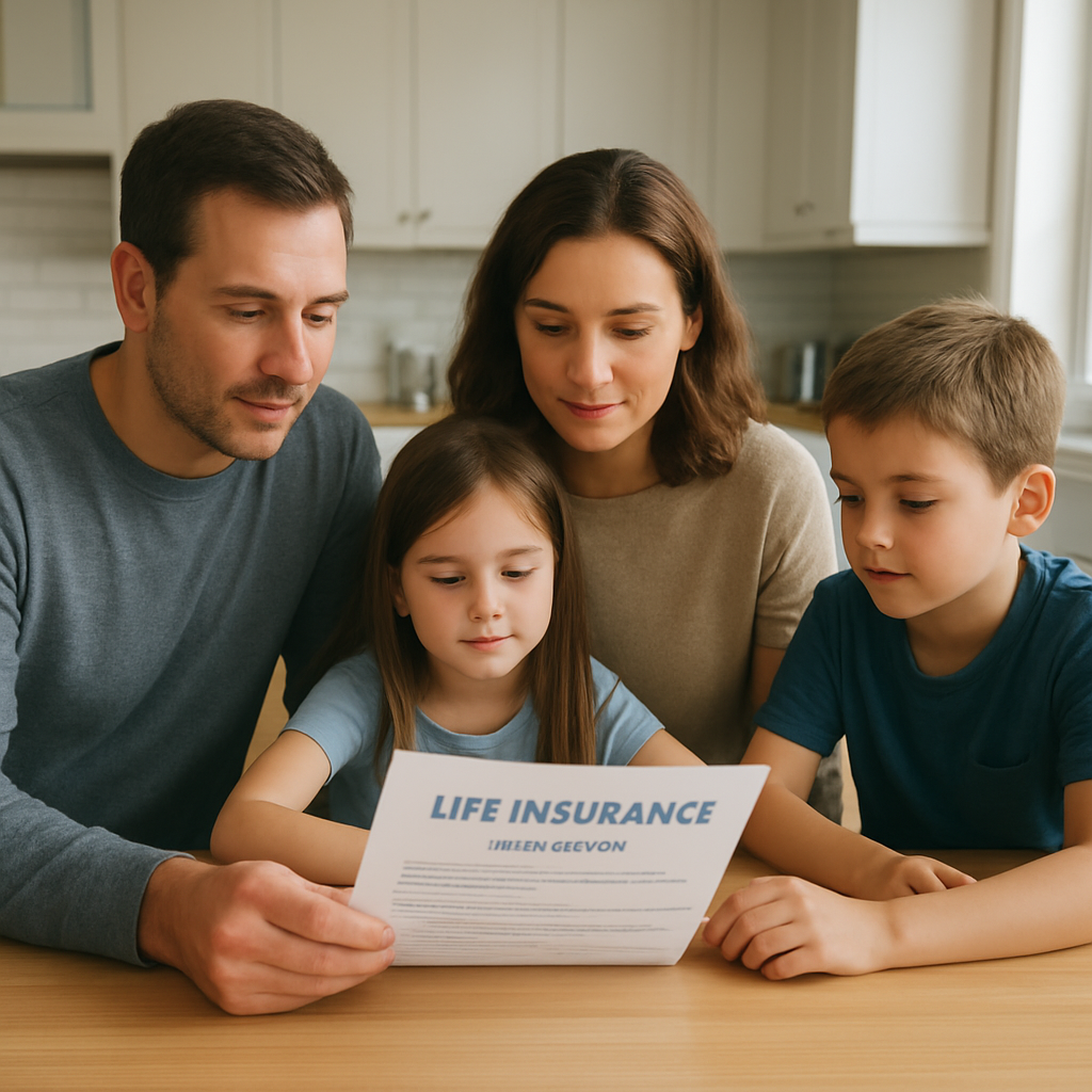 A calm family sitting around a kitchen table reviewing a life‑insurance statement together. Alt: 