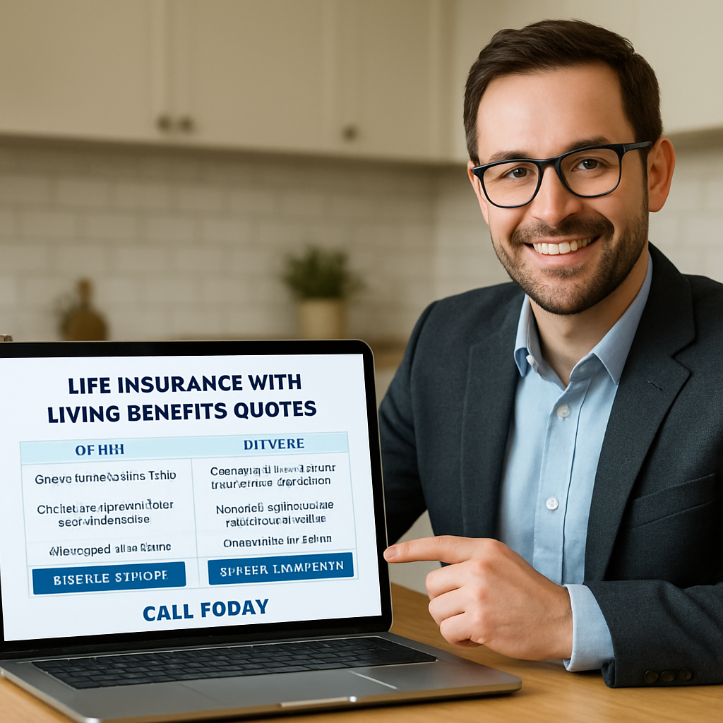 A friendly financial advisor sitting at a kitchen table with a laptop, showing a side‑by‑side life insurance quote comparison on the screen. Alt: Life insurance with living benefits quotes comparison displayed on laptop screen.