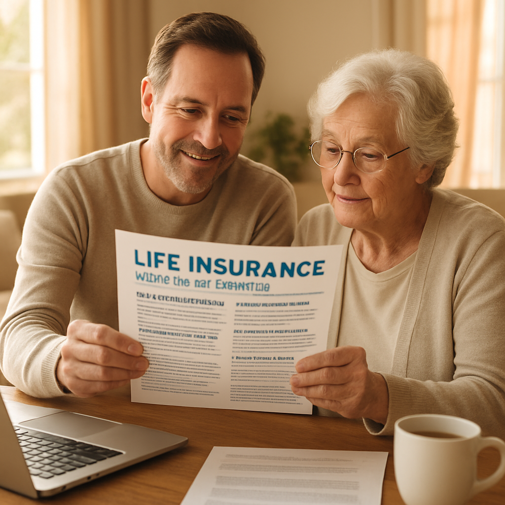 A warm, sunlit living room where a middle‑aged adult is reviewing a life insurance brochure with a senior parent, showing paperwork, a laptop, and a cup of tea. Alt: Evaluating life insurance with long term care benefits for families.
