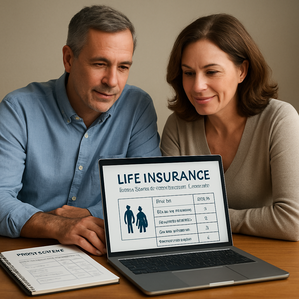 A middle‑aged couple reviewing a policy illustration on a laptop, with a notebook of rider options beside them. Alt: life insurance with long term care benefits rider comparison chart.