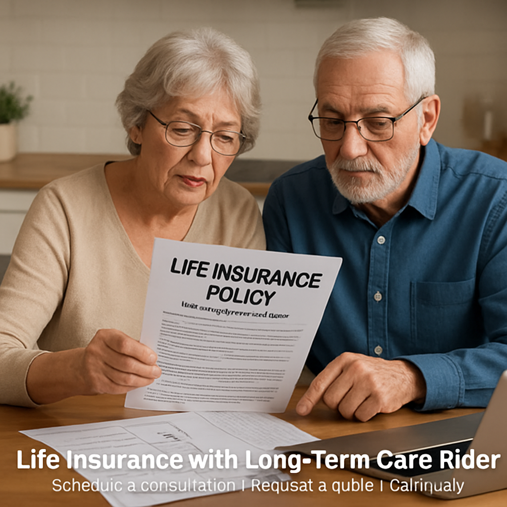 A senior couple reviewing a life insurance policy with a long-term care rider, sitting at a kitchen table with paperwork and a laptop. Alt: life insurance with long term care rider evaluation.