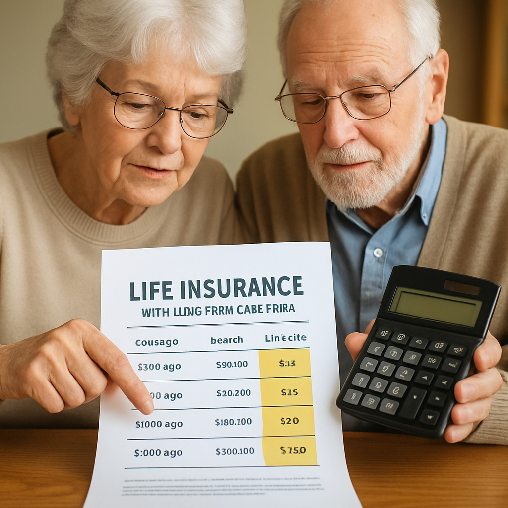 A senior couple reviewing a life‑insurance statement with a calculator, highlighting rider cost columns. Alt: life insurance with long term care rider cost illustration.