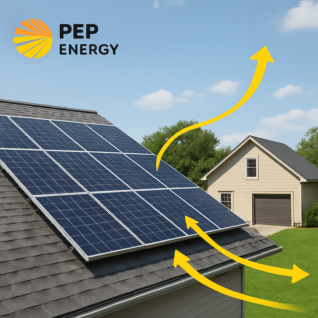 A rooftop solar array with arrows illustrating energy flow from panels to a home and a distant garage, highlighting extended light reach. Alt: Diagram of solar panel light reach extending to distant loads
