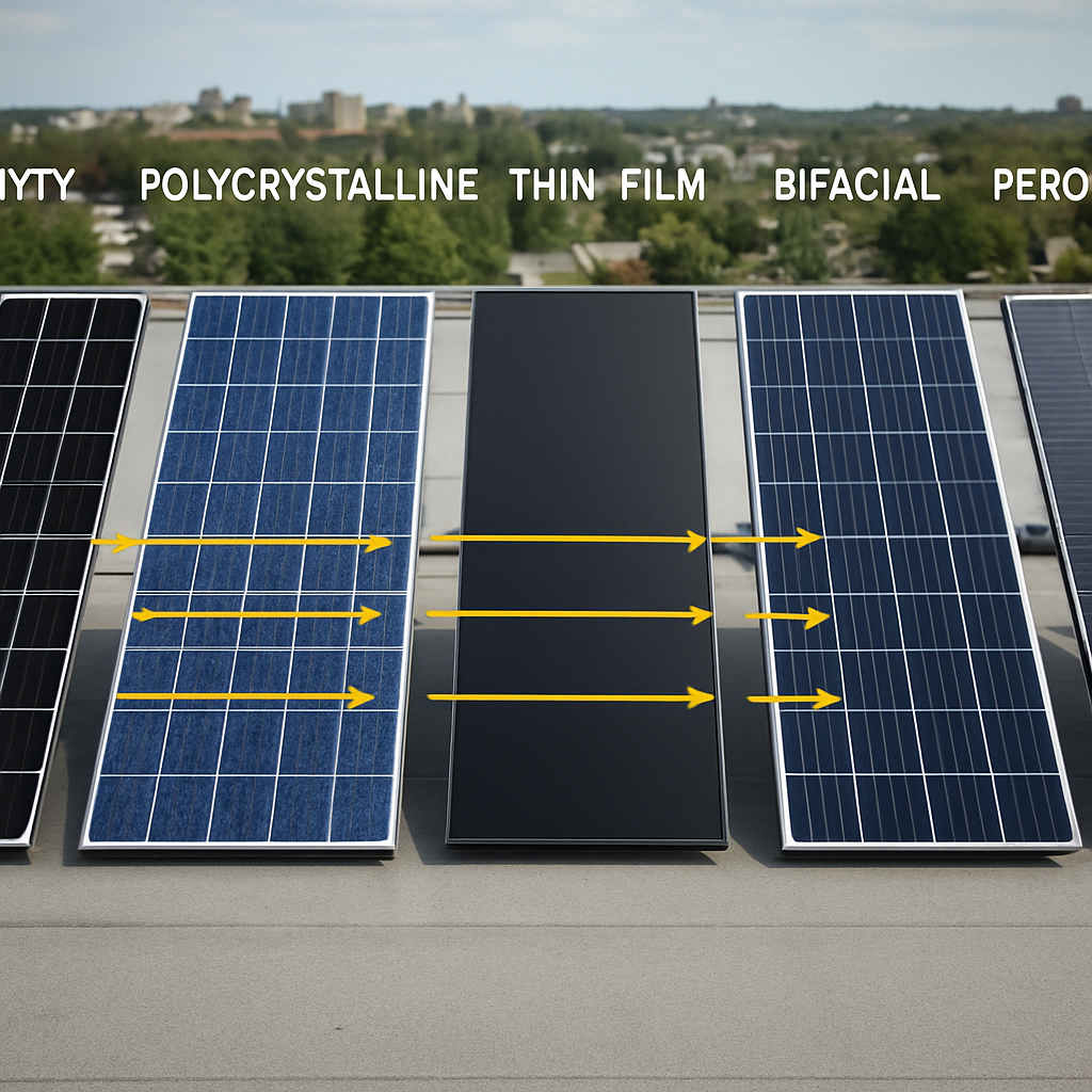 A side‑by‑side comparison of monocrystalline, polycrystalline, thin‑film, bifacial, and perovskite solar panels on a rooftop, with arrows illustrating voltage flow and distance covered. Alt: Comparative analysis of light reach across common solar materials showing how each panel type affects voltage and distance.