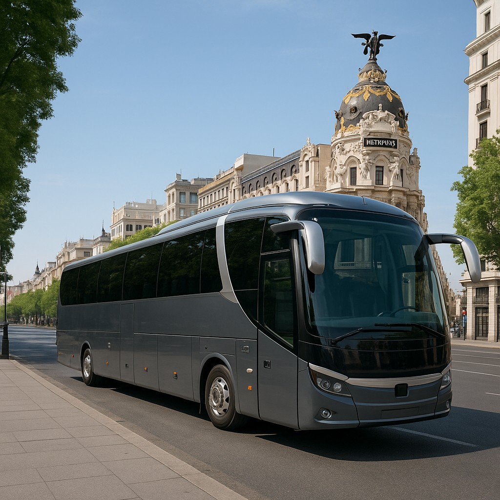 Luxury Coach Hire Madrid Prices A modern luxury coach parked in Madrid city street, ready for hire. Alt: luxury coach hire Madrid prices for VIP group transport.