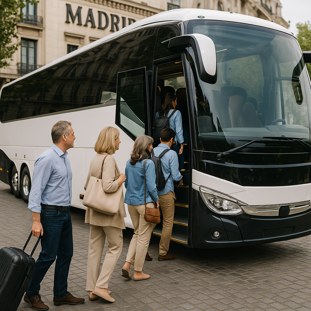 Luxury Coach Hire Madrid Prices Passengers boarding luxury coach in Madrid awaiting city sightseeing tour. Alt: luxury coach hire Madrid prices and comfortable group travel.