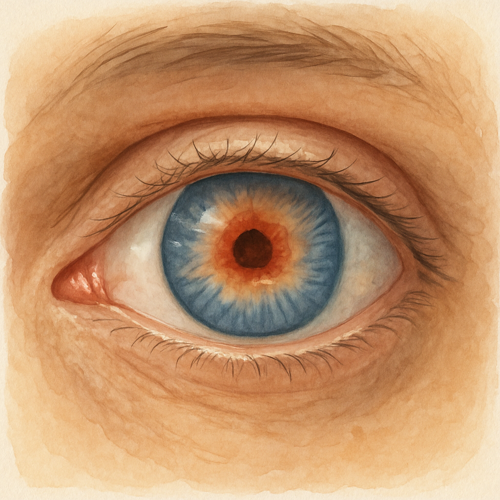 A close‑up view of a person's eye with a highlighted central macular area showing a tiny hole, realistic rendering. Alt: Early macular hole symptoms illustration showing central vision distortion