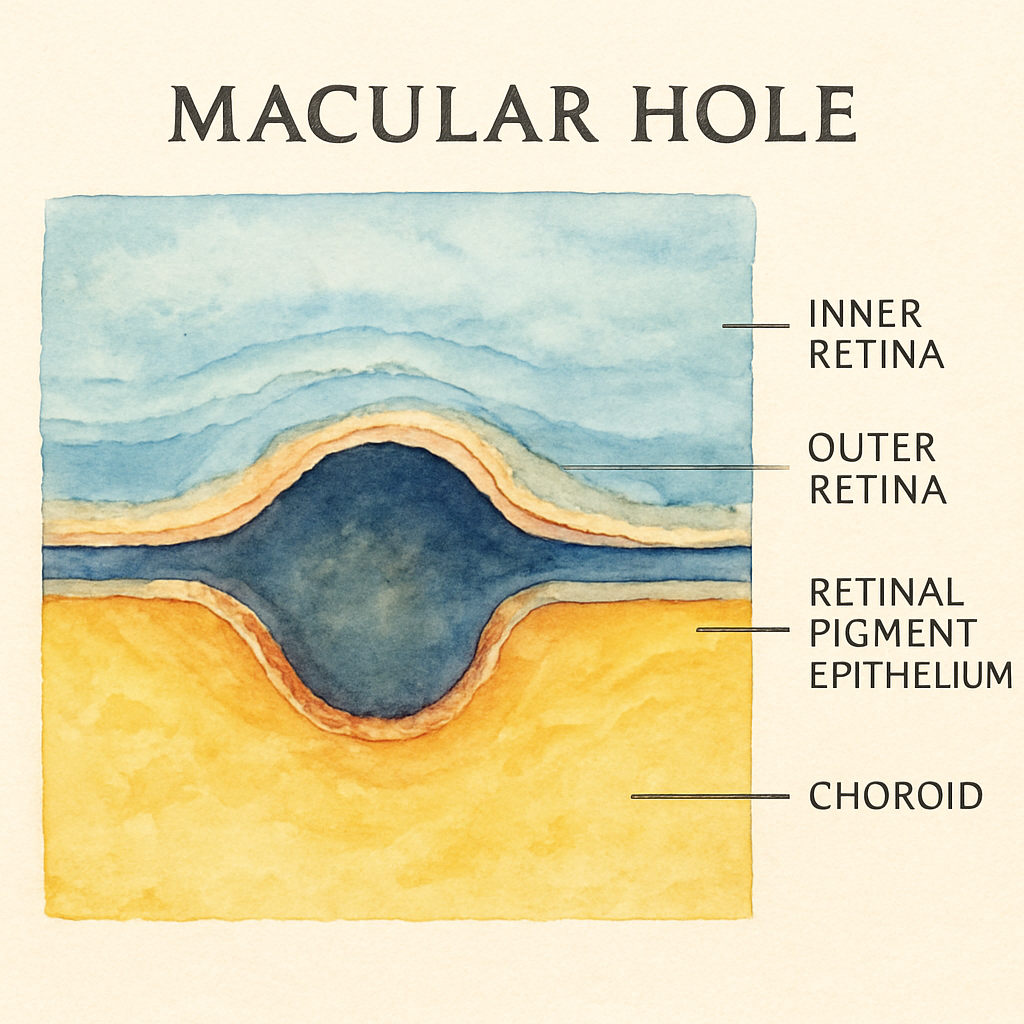 A high‑resolution OCT scan of a macular hole with annotated layers, showing the central defect and surrounding retinal tissue. Alt: OCT image of macular hole evaluation