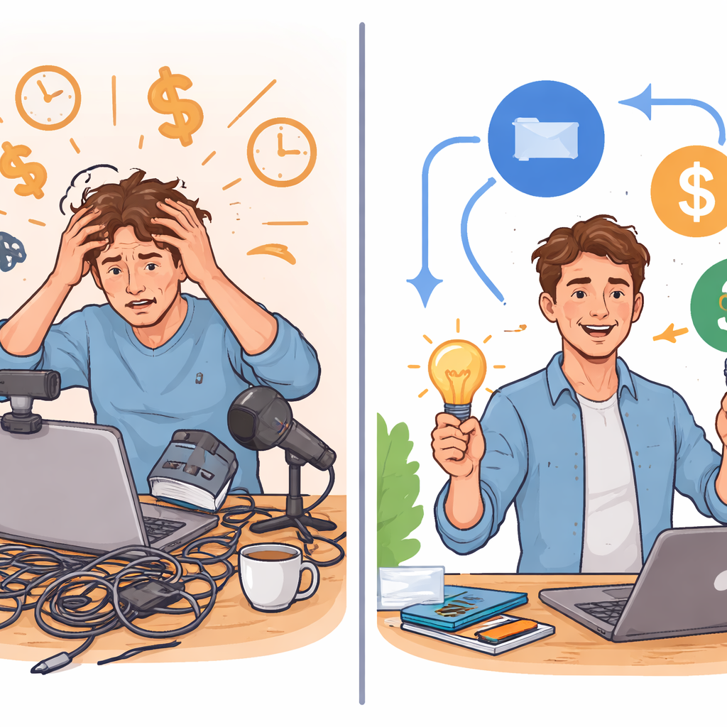 An illustration showing a split screen: on the left, a chaotic DIY video setup with a laptop, tangled cords, and a stressed founder; on the right, a streamlined workflow diagram with a clock, a dollar sign, and a happy SaaS founder. Style: illustration, clean lines, friendly colors, targeting SaaS founders and product managers. Alt: Diagram of video marketing cost pitfalls and streamlined solution.