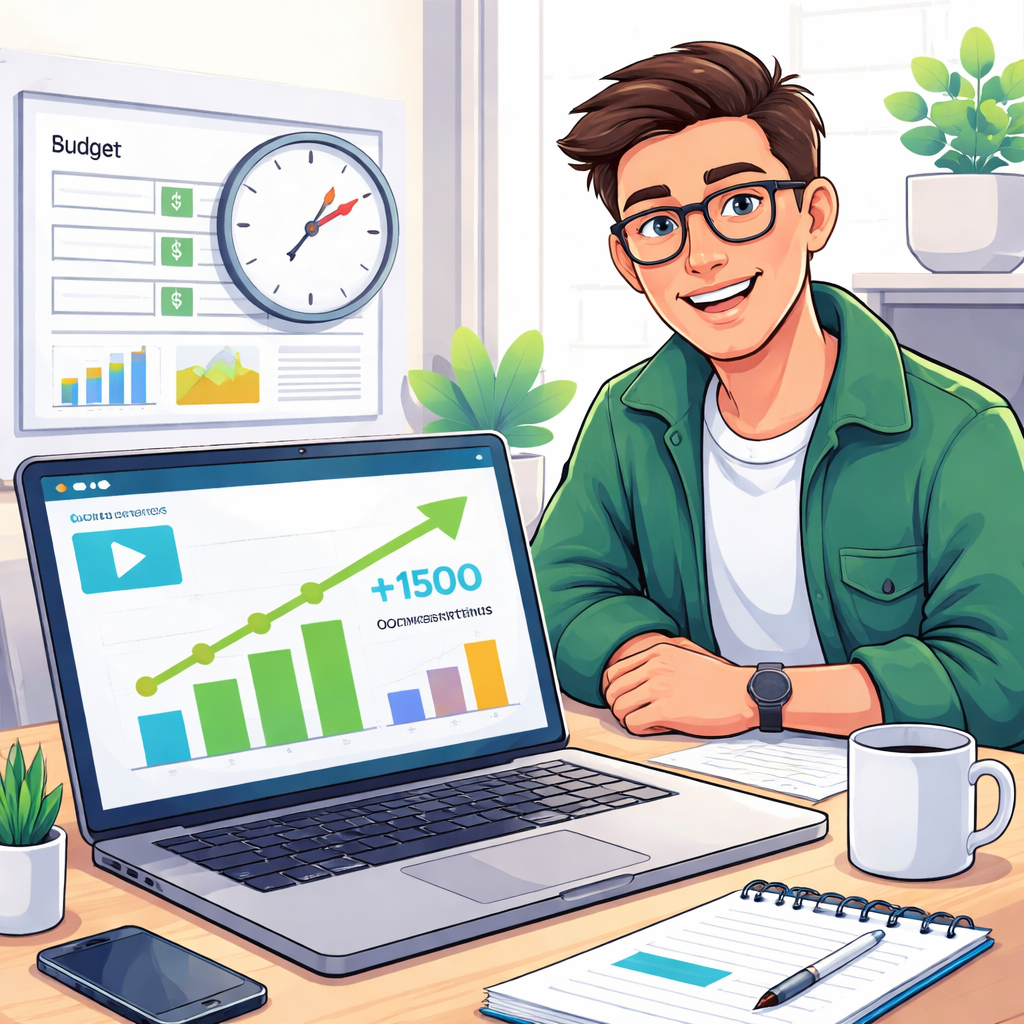 Illustration of a SaaS founder at a desk, smiling while a laptop screen shows a video analytics dashboard with rising conversion metrics, a clock indicating fast turnaround, and a tidy budget spreadsheet in the background. Alt: SaaS founder benefits from low video marketing cost and rapid iteration.