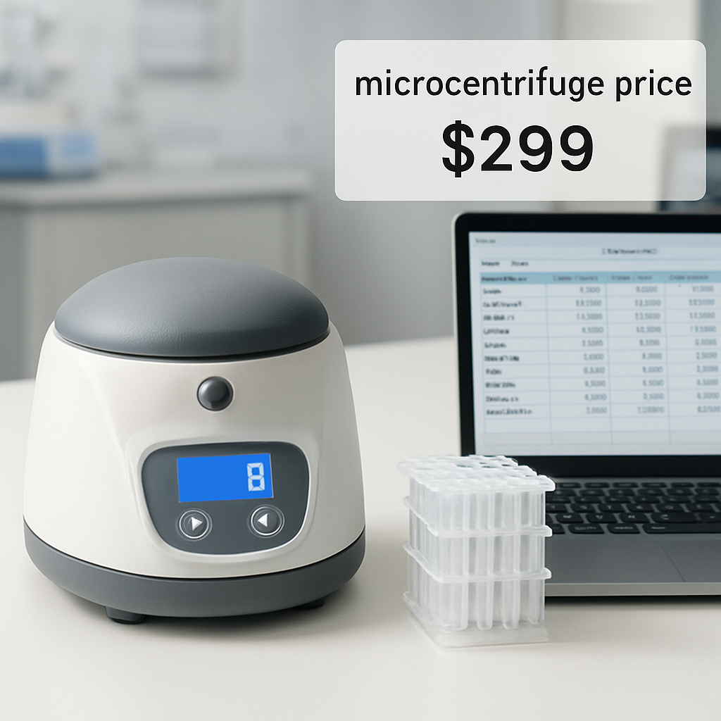 A photorealistic lab bench scene showing a compact microcentrifuge next to a stack of 12‑15 µL tubes, a laptop displaying a budgeting spreadsheet, and a subtle price tag overlay indicating 