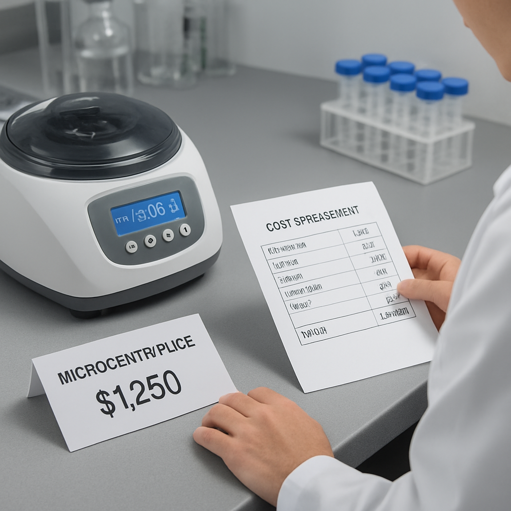 A photorealistic lab bench with a modern microcentrifuge, price tags, and a researcher reviewing a cost spreadsheet. Alt: Detailed view of microcentrifuge price decision making in a genomics lab.