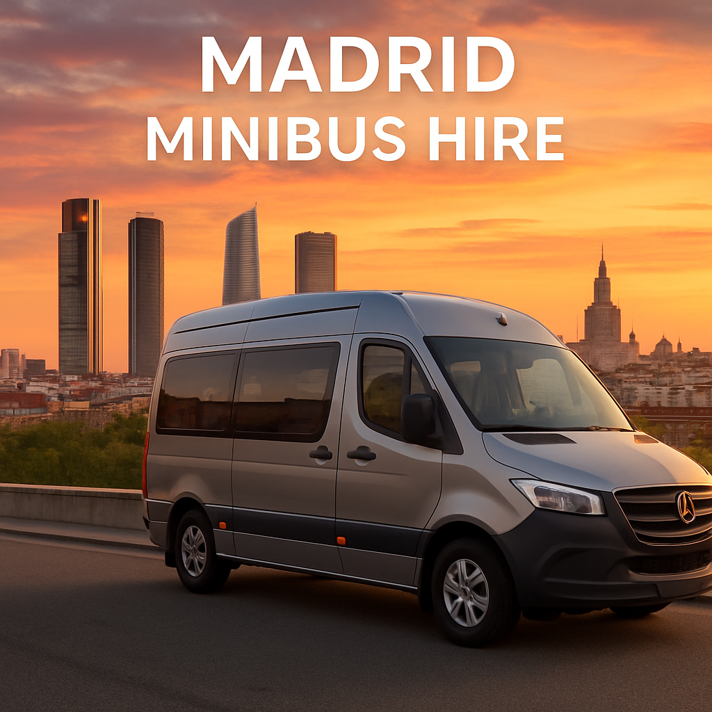 A sleek minibus parked in front of the Madrid skyline at sunset, showing comfortable interior seats and a professional driver opening the door. Alt: minibus hire prices Madrid group transport