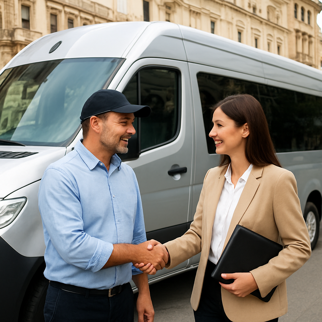 A friendly driver shaking hands with a planner beside a sleek minibus, Alt: