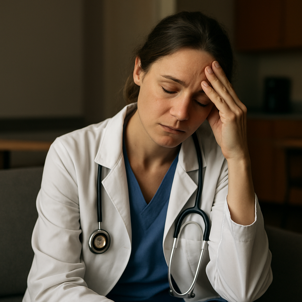 A clinician sitting in a quiet staff lounge, hand on forehead, looking reflective. Alt: Recognising signs of moral distress in healthcare professionals.