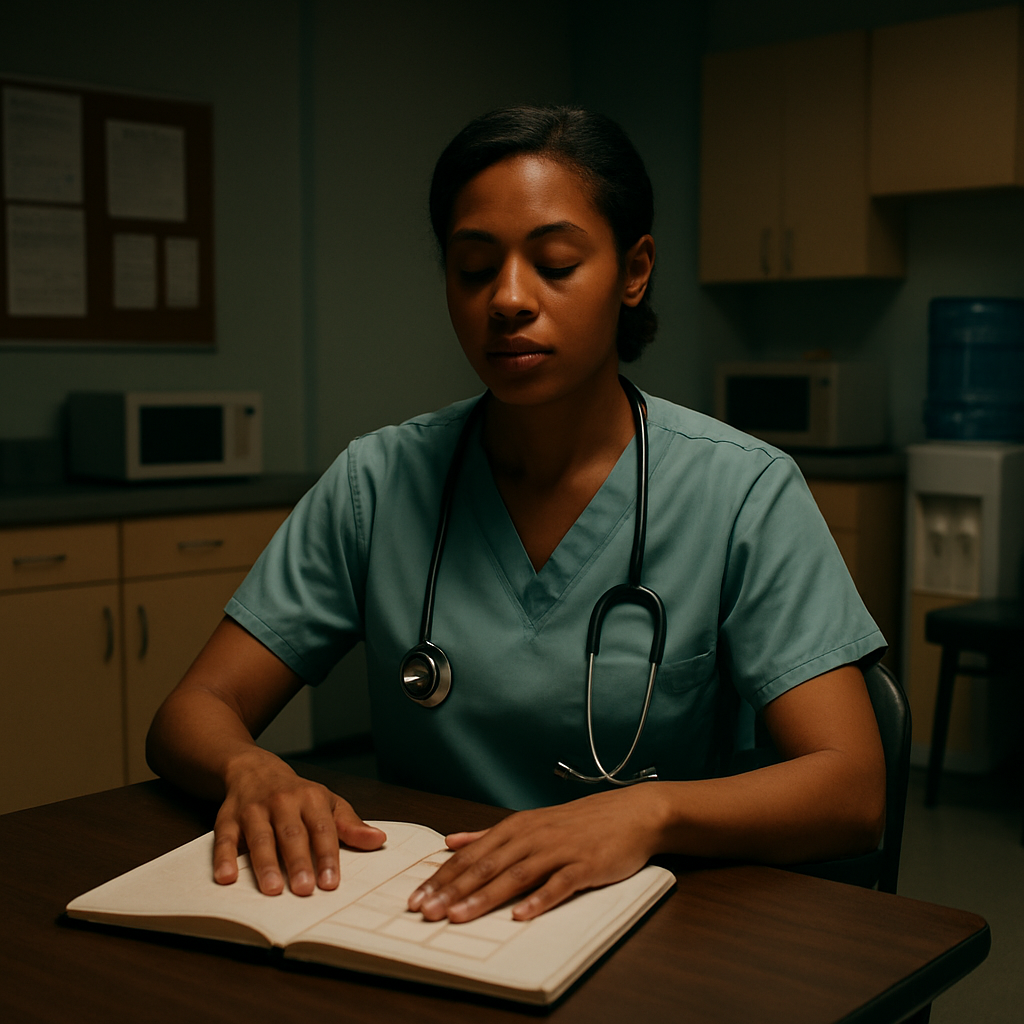 A quiet hospital break room with a clinician sitting at a small table, notebook open, practicing box‑breathing. Alt: Clinician using evidence‑based coping strategies after a stressful shift