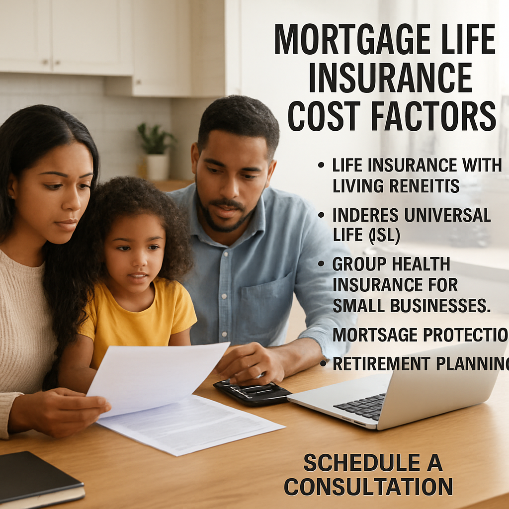 A family reviewing mortgage documents at a kitchen table, with a calculator and a laptop open to insurance quotes. Alt: Mortgage life insurance cost factors illustration