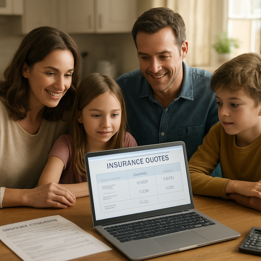 A photorealistic scene of a family gathered around a kitchen table, laptop open to a spreadsheet comparing insurance quotes, mortgage statement and calculator visible, warm natural lighting, realistic style. Alt: side‑by‑side comparison of mortgage protection insurance cost per month.